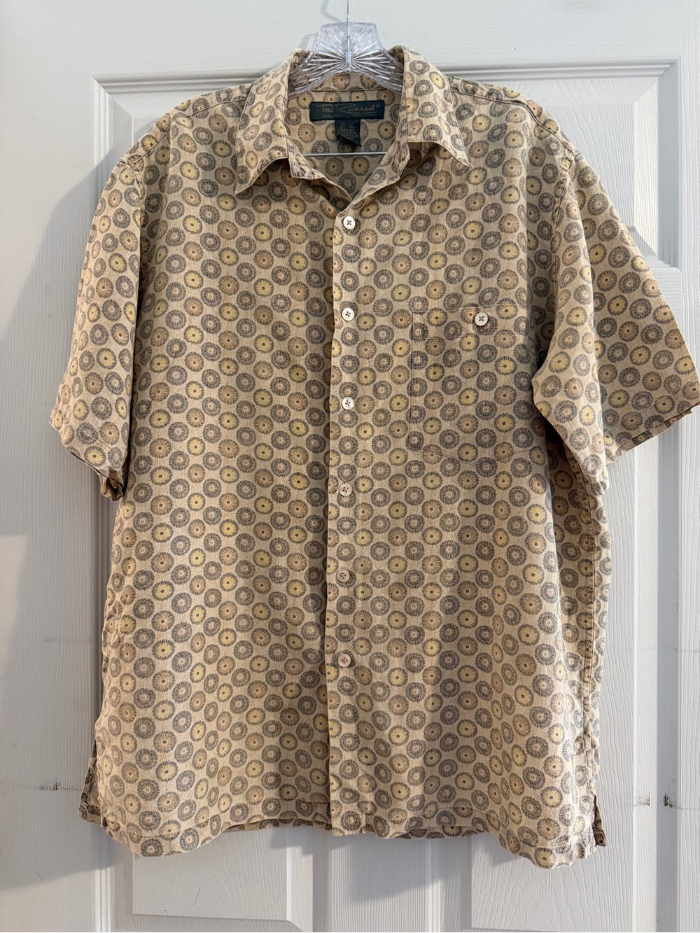 Tori Richard Beige and Gray Circular-Print Short-Sleeve Button-Down Shirt